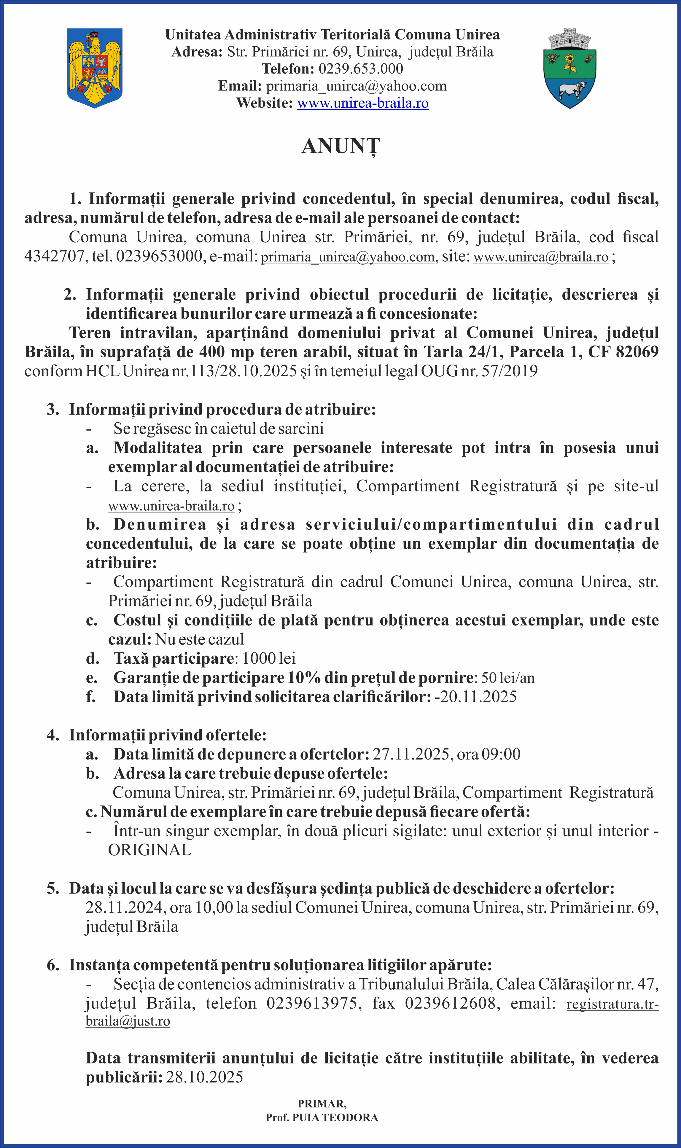 ANUNȚ Licitație publică de concesionare teren intravilan, aparţinând domeniului privat al Comunei Unirea, județul Brăila