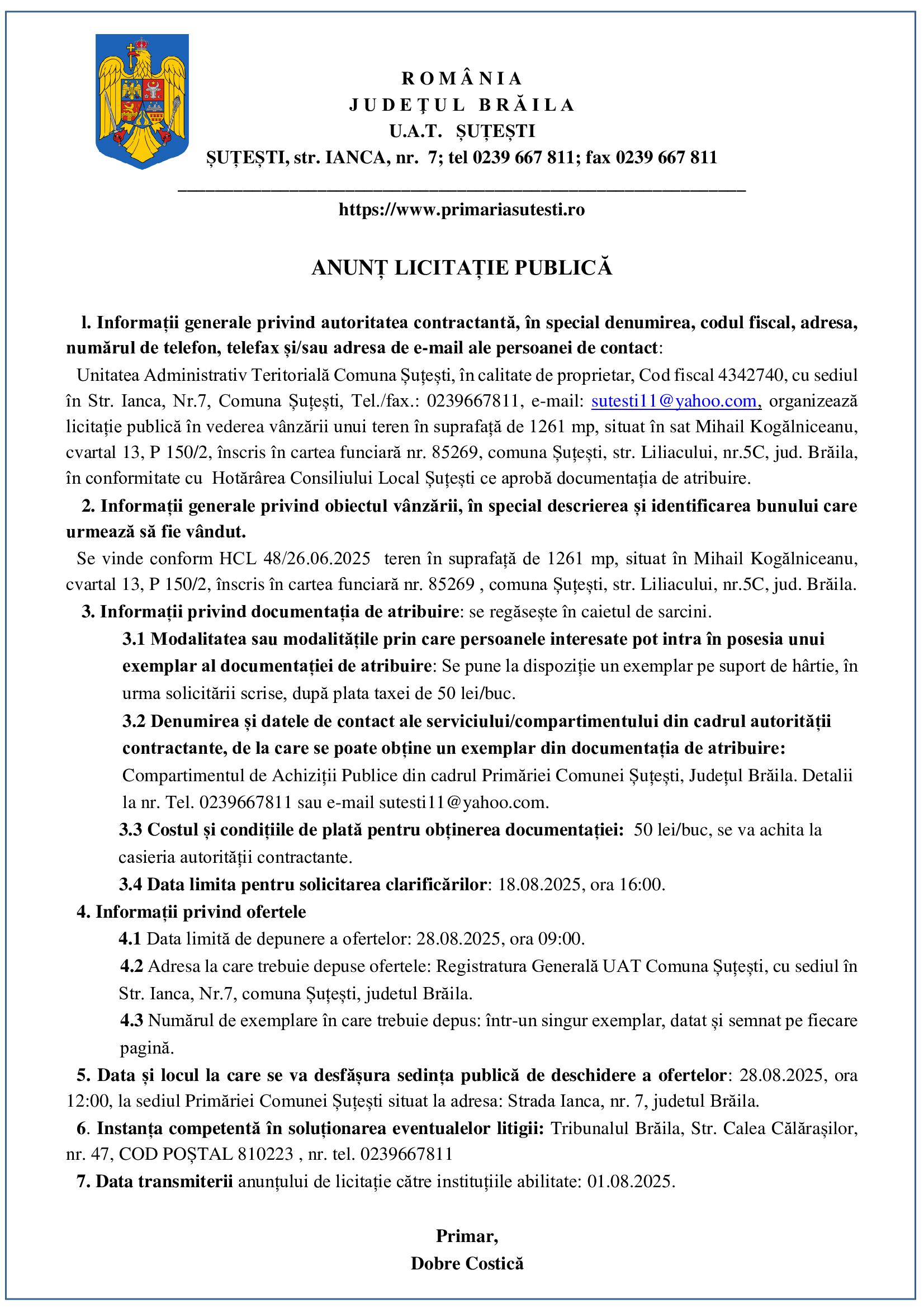 Anunt Licitatie Prim-Sutesti